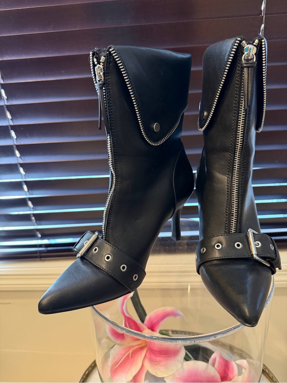 A New Day Mickey Black Faux Leather Point Toe Moto Ankle Boots  Women's Size 7.5